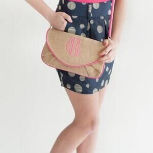 NEW NWT Boutique Burlap Pink Trim Wristlet Clutch Crossbody Purse